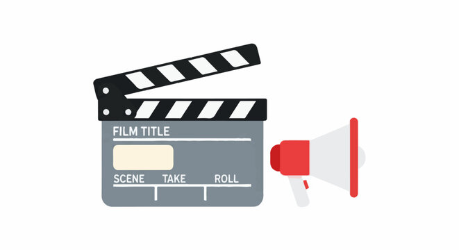 A gray clapperboard with "FILM TITLE" written on it, next to a red and white megaphone