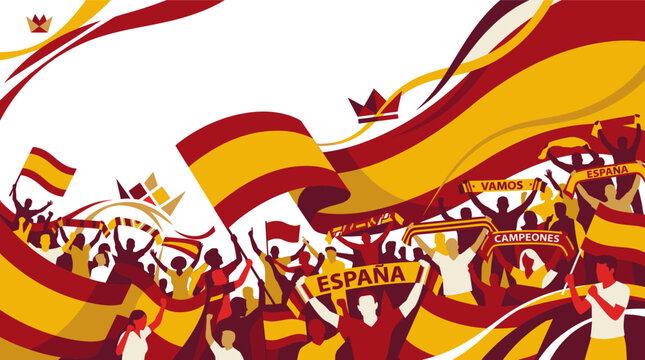 Spanish football fans celebrating victory with flags and banners, vector illustration