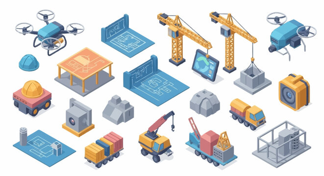 Isometric construction and technology elements including drones, cranes, blueprints, and building components.