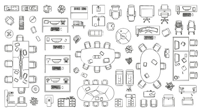 Comprehensive Top View Office Furniture Collection for Architectural Floor Plan Drafting and Professional Workspace Layout Planning