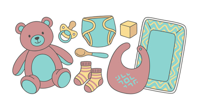 Cute baby items set with teddy bear diaper bib and blanket