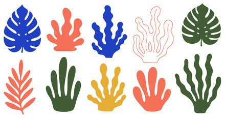 Fototapeta premium A collection of ten colorful abstract plant and coral-like shapes in a flat graphic design style.