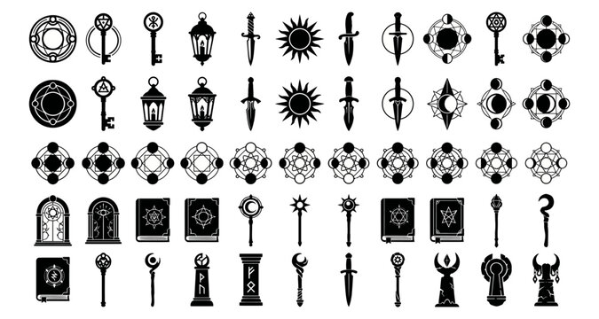 Black and white mystic symbols and icons set