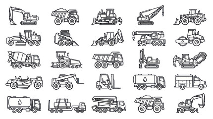 Construction Vehicles Line Art Collection: Heavy Machinery Icons © Korek
