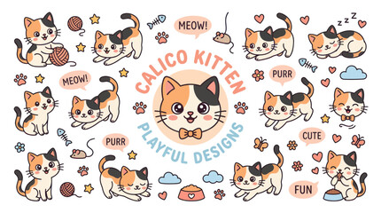 Fototapeta premium Cute Calico Kitten Collection: Playful Designs, Kawaii Style, Vector Art