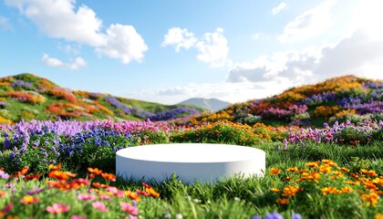 Fototapeta premium A vibrant springtime scene showcasing a white cylindrical platform amidst a vast field of colorful wildflowers, under a bright blue sky
