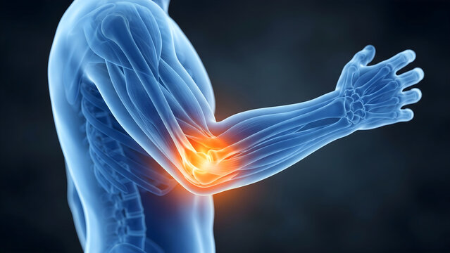 Medical illustration of a human arm showing an inflamed or painful elbow joint, depicted with a glowing orange highlight indicating discomfort.