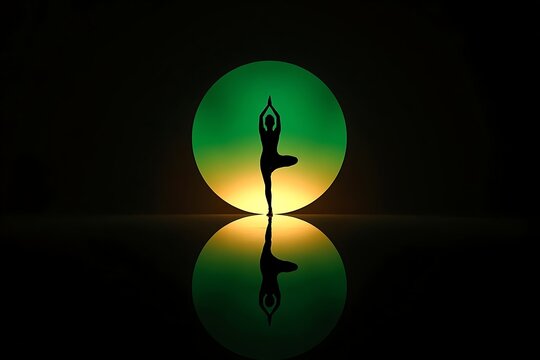 Silhouette of a person in yoga tree pose with a green neon sun silhouette meditation wellness reflection exercise lifestyle spirituality mindfulness strength stretching wellbeing creative