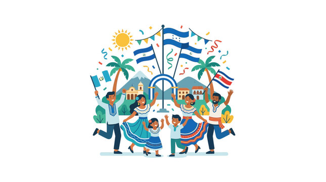 Festive Central American Crowd Celebrating with Traditional Flags and Dance