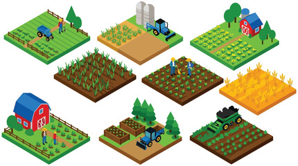 Isometric Farm Scenes With Crops And Buildings Vector Illustration © MD REZAUL KARIM