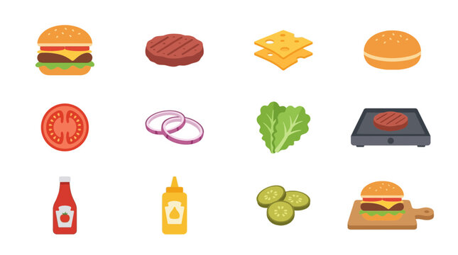 Flat Design Elements of Classic Cheeseburger Ingredients and Condiments