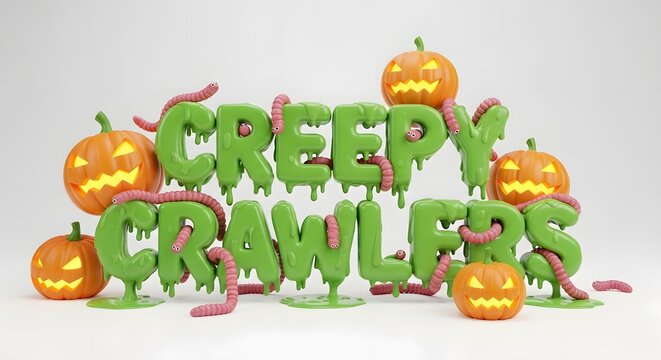 Creepy crawlers 3d text made of green slime with pink worms and glowing jackolantern pumpkins isolated on white background