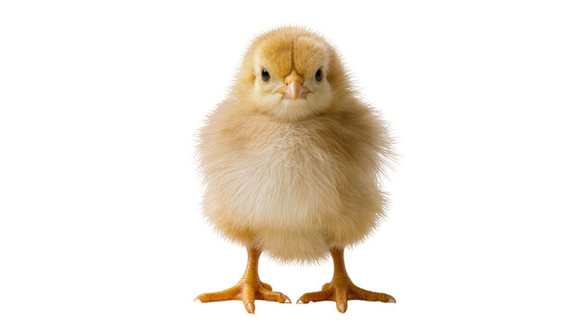 Fluffy yellow chick standing on white