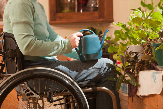 Woman with multiple sclerosis in a wheelchair watering houseplants
