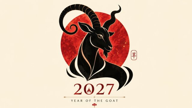 minimalist black goat silhouette against red watercolor sun circle with 2027 Year of the Goat text, representing Chinese New Year, lunar zodiac, festive greeting card and traditional holiday design