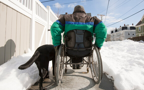 Woman with multiple sclerosis in a wheelchair with a service dog going up snowy street
