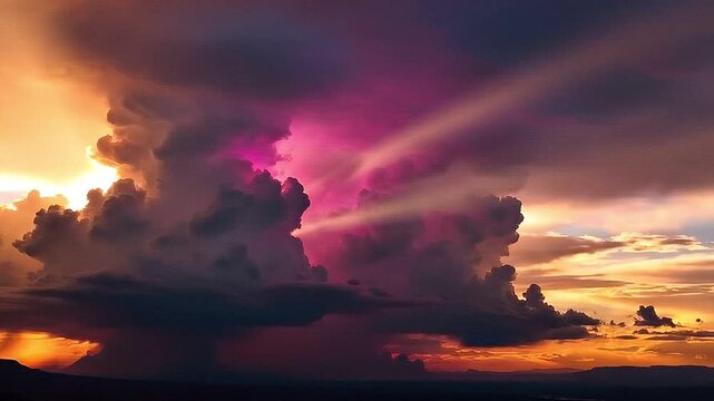 Vibrant sunset with large cumulonimbus clouds and sunbeams breaking through video