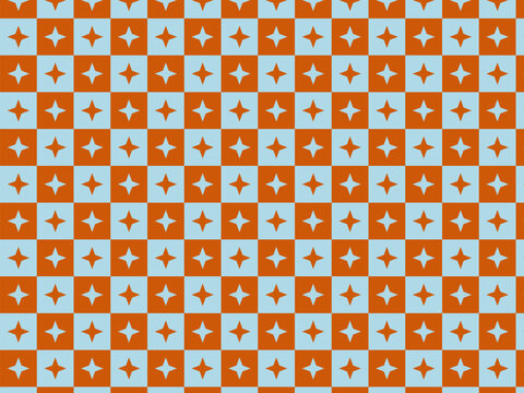 Retro checkerboard seamless pattern with terracotta and light blue tiles and starburst shapes. Perfect for 70s vibe apparel, groovy wrapping paper, and digital wallpapers