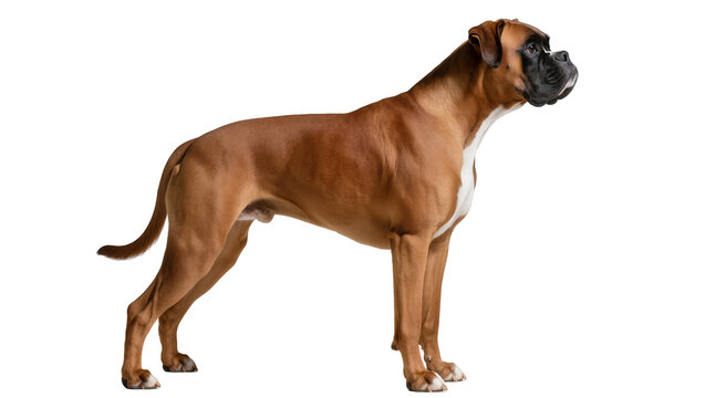 Brown boxer dog standing profile view