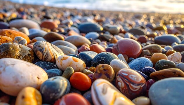 Colorful, polished rocks on a beach, warm sunlight shining on ocean waves in background