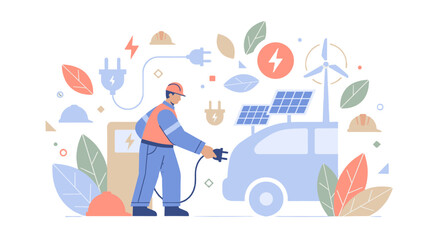 Naklejka premium Worker charging electric vehicle with solar and wind energy