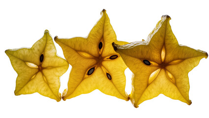 Naklejka premium Three backlit star fruit slices with visible seeds