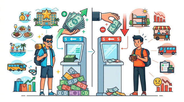A traveler withdraws cash from an ATM on the left, showcasing abundance, while on the right, another traveler deposits money, indicating financial strain, against a colorful illustrated