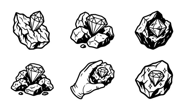 Diamond Mining Icons, Gemstone Extraction Set, Precious Stone Discovery Graphics, Vector Collection