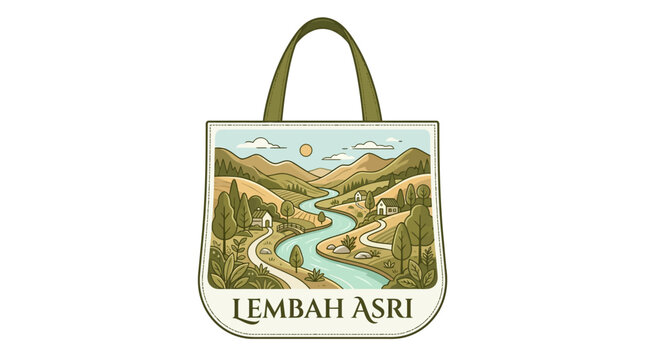 Canvas tote bag featuring an artistic illustration of a scenic valley landscape named Lembah Asri.