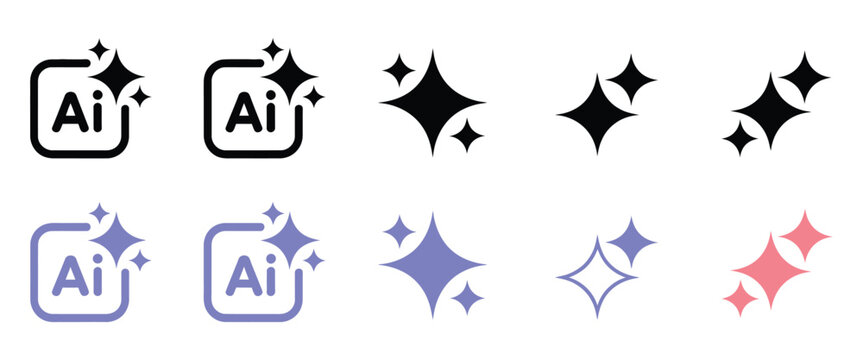 Sparkle and shine icons, AI logo and starburst symbols in black and gradient colors, magic glow effect vector illustration set.