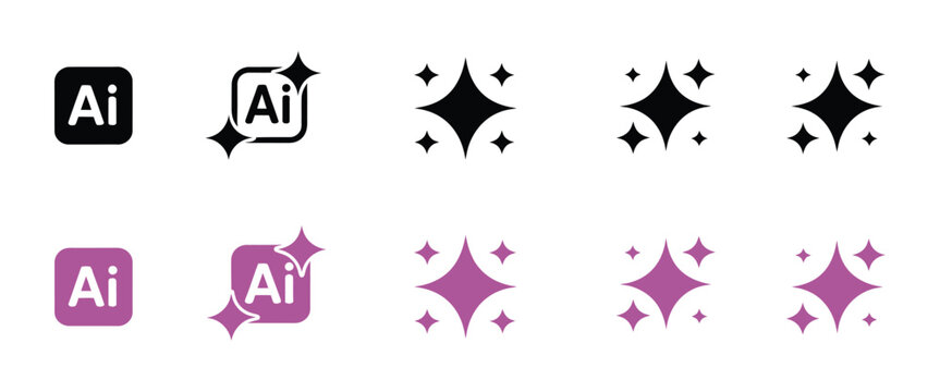 Sparkle and shine icons, AI logo and starburst symbols in black and gradient colors, magic glow effect vector illustration set.