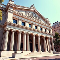 Fototapeta premium Grand neoclassical bank building with columns and ornate details, security, establishment