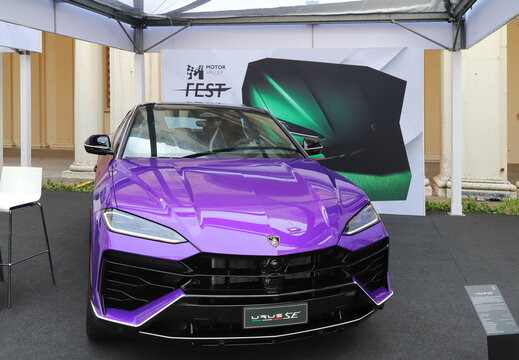 Modena, Italy, may 29 2026 - Motor Valley Fest 2026 public exhibition, Lamborghini Urus SE purple color, luxury sports car