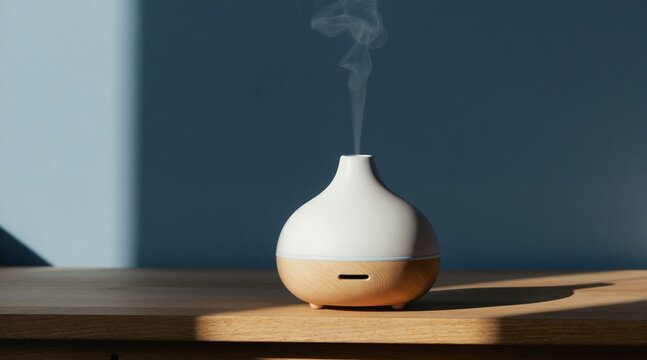 Minimalist white essential oil diffuser emits steam on wood shelf. Soft light creates shadows on blue wall background. Calming home aromatherapy.