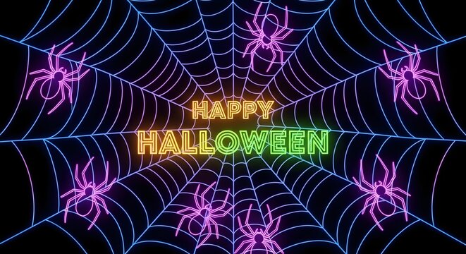 Neon happy halloween sign surrounded by glowing spiders and a web pattern