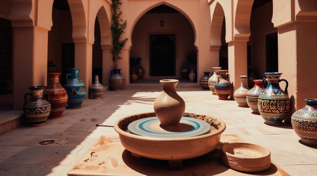 Clay vase is shaped on a pottery wheel in Moroccan courtyard. Many colorful decorated ceramic pots stand in open archways. Traditional craft is made outdoors in sunny weather.