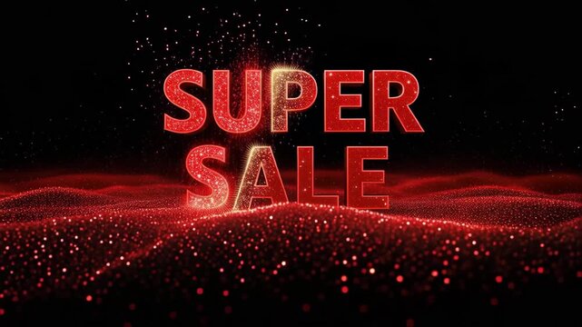 Super sale text appearing over a field of glowing red particles. Promotional sign with dynamic light effects. Digital marketing broadcast for retail business event.