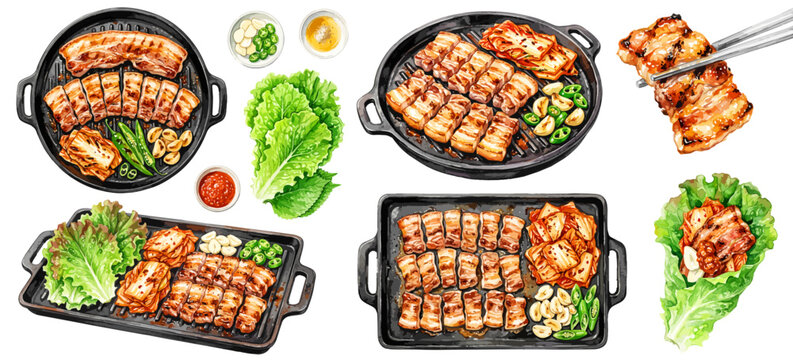 サムギョプサルのイラストセット,水彩風の韓国焼肉と豚バラ肉,専門店メニューやサンチュ包みの素材集,手描きベクター