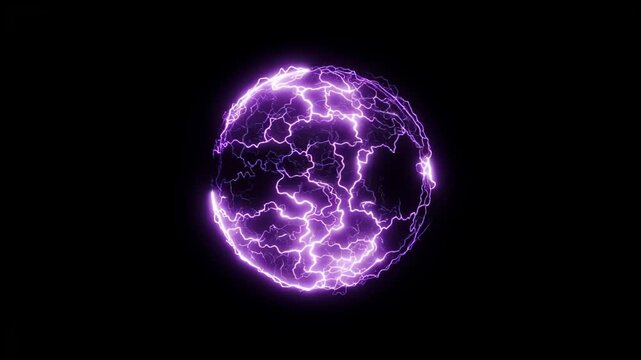 Three glowing purple energy spheres with electric discharge. Plasma orb with lightning effect. Abstract physics simulation of ionized gas for magical science concept.