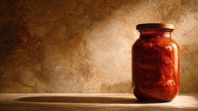 Jar of red tomato sauce standing on a stone countertop. Homemade condiment for cooking and food preparation. Rustic kitchen setting with rustic texture and soft natural light background.