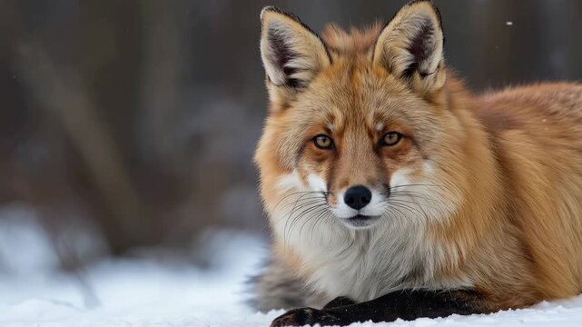 Red fox resting in the field during winter. Wild animal portrait in natural habitat. Wildlife observation concept. Cold season nature scene for outdoor study.