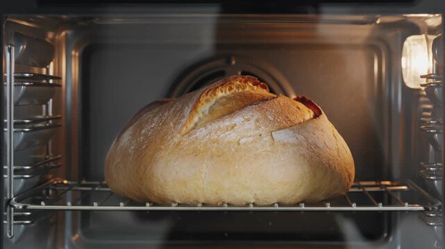 Golden brown bread baking in a hot oven, homemade dough rising to perfection