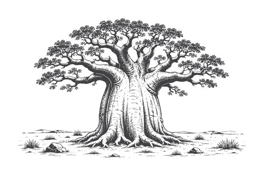 Vintage engraved baobab tree line art vector illustration with detailed trunk and roots, botanical landscape element collection for design assets