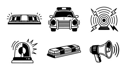 Police Car, Siren Lights, Megaphone, Security Camera Icons: Emergency Service Vector Set © Riya