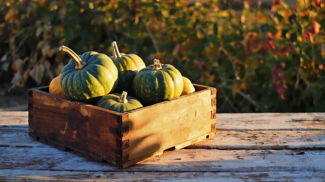 Green pumpkins in wooden crate on rustic table. Organic autumn harvest vegetable in garden at sunset. Farm produce for thanksgiving celebration decoration concept.