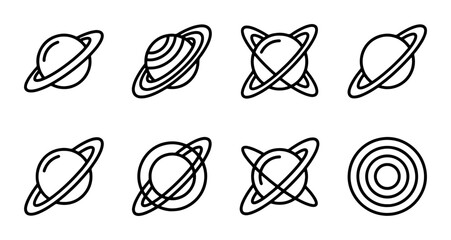 Saturn Planet Icons, Cosmic Celestial Body Graphics, Ringed Planet Vector Set, Space Exploration Symbols © Mim