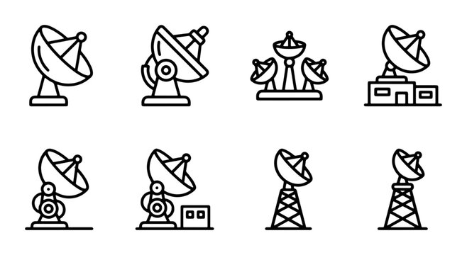 Satellite Dish Icons, Communication Antennas, Signal Receivers, Technology Vector Set