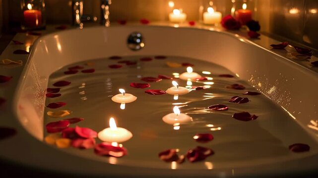 Bathtub filled with water and floating candles with rose petal. Romance setting for relaxation and wellness. Luxury bathroom interior for spa and holiday mode.