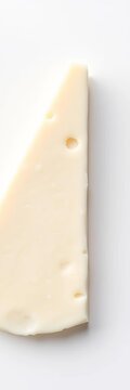 Mozzarella cheese slice on white background with creamy texture and slight sheen, cheese, table