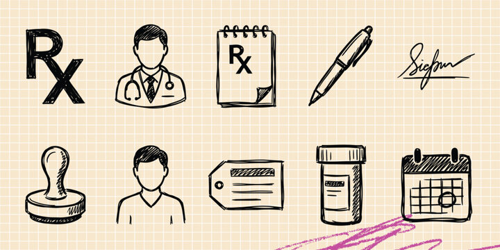 Black ink scribble doodle vector vintage hand drawn set of pharmacy medicine pill bottle capsule healthcare drug and clinical treatment cure